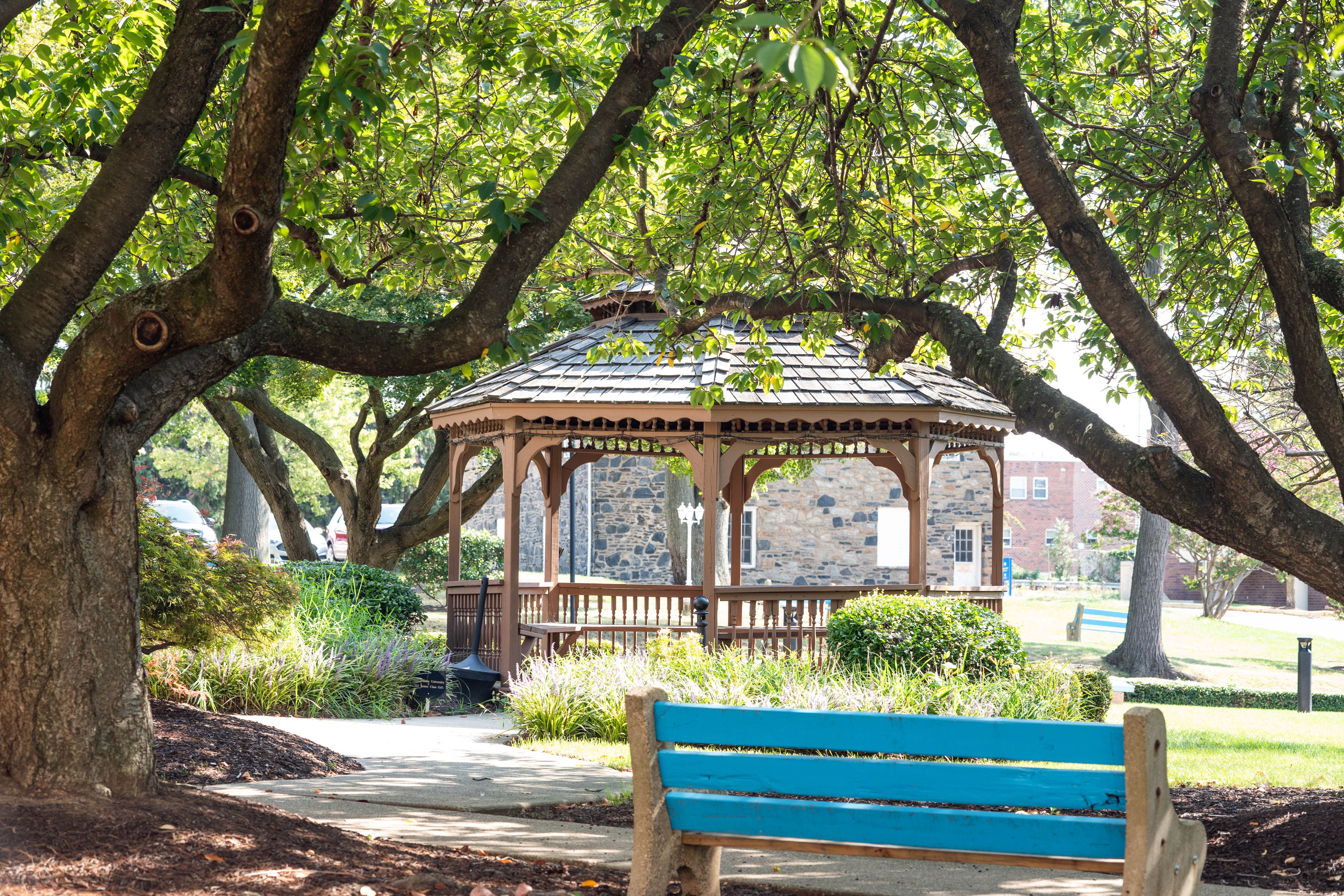 Bench in front of gazebo on the Philadelphia campus