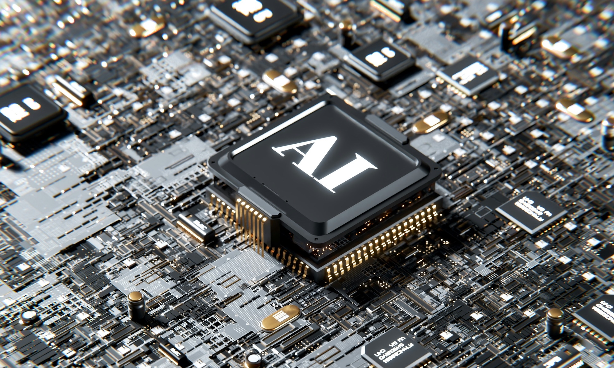 A circuit board with a large circuit with AI written on it