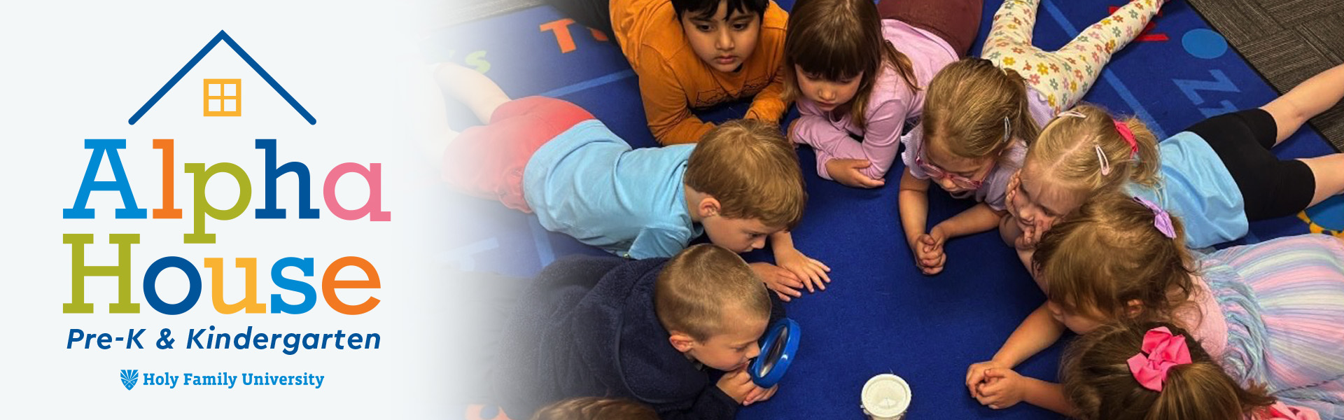 Alpha House logo blended with a photo of children reading together