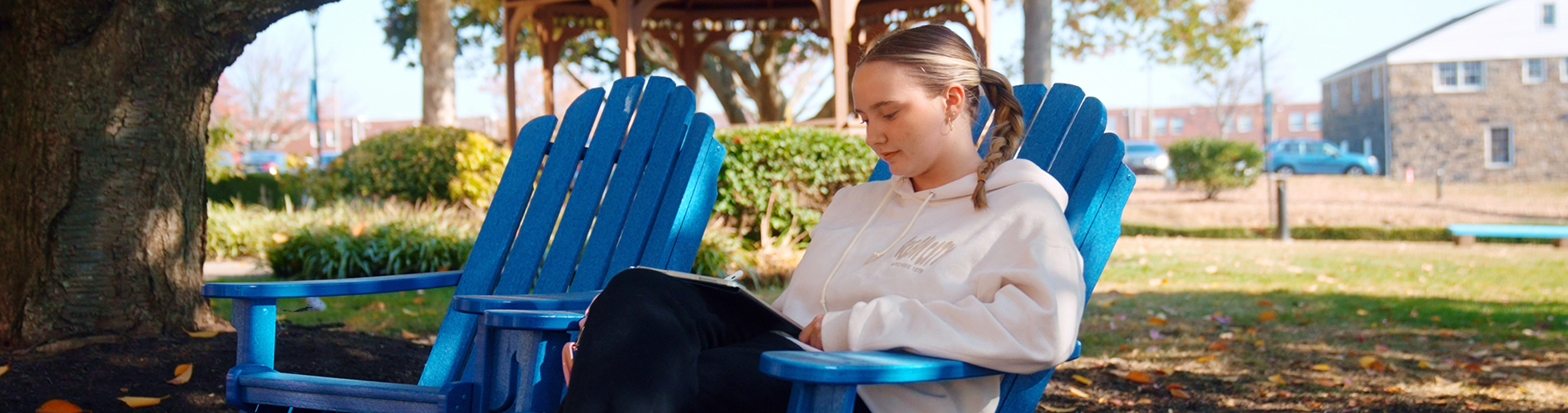 A Holy Family University student sitting on a chair under a tree on campus