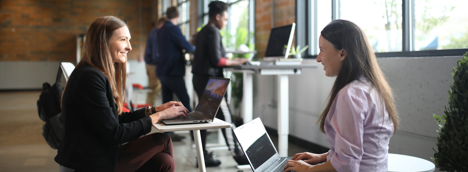 Two workers have a chat with their laptops while colleagues work in the background