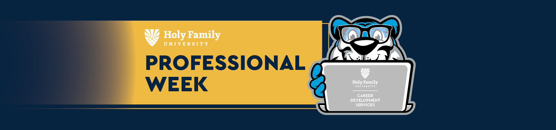 A graphic depicting HFU's tiger mascot Blue in front of a laptop with the text "Professional Week"