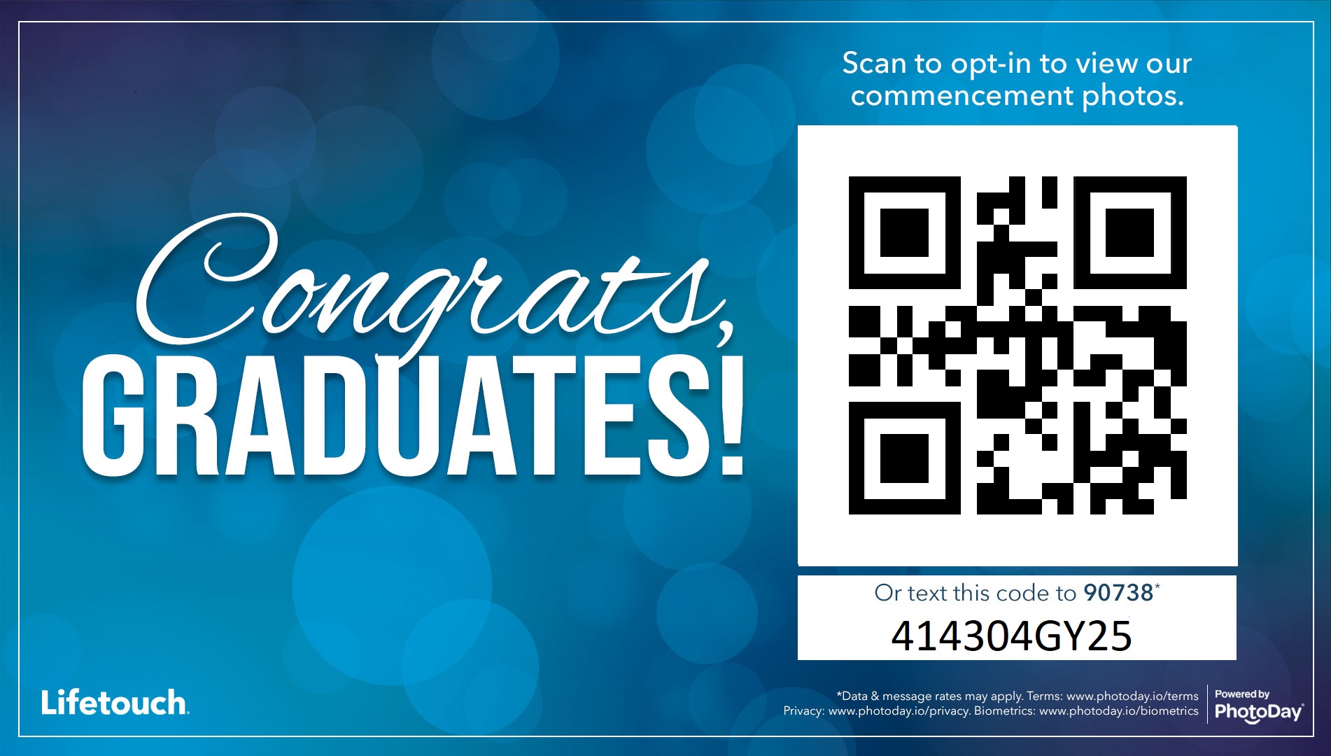 "Congrats, graduates" with a QR code for ordering photos