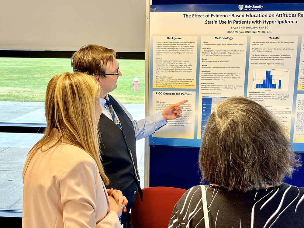 Nursing doctoral students presenting their research posters at the Spring 2024 DNP event.