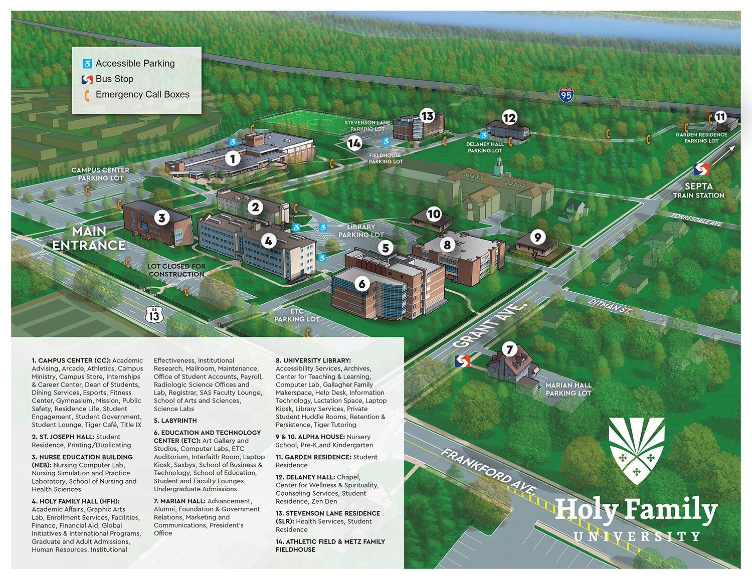 Philadelphia campus map with building key - Summer 2026