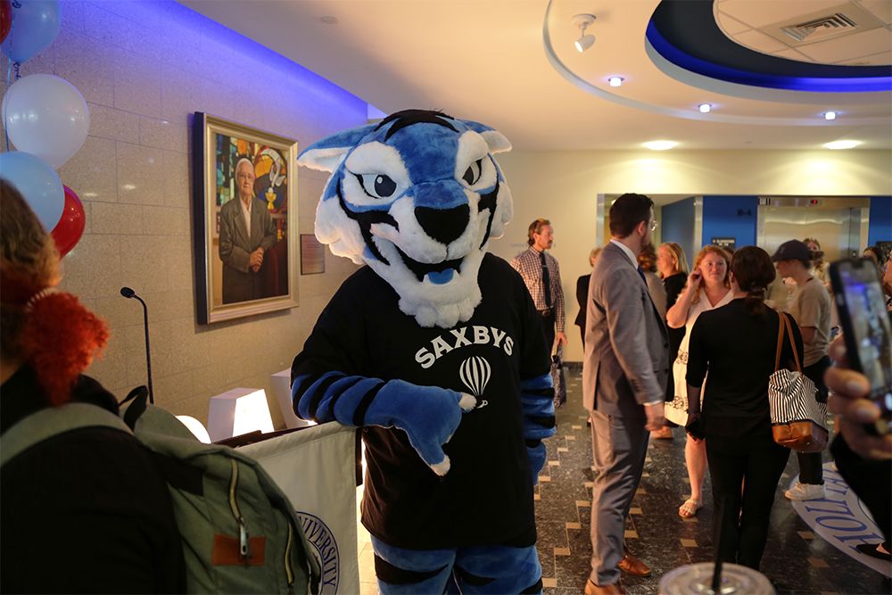 Mascot BLUE at Saxbys opening