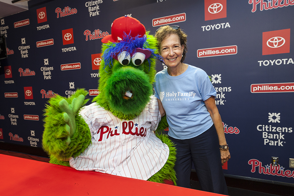 The Phillie Phanatic held a special audience with University President, Dr. Anne Prisco, to learn about enrolling in our Sport Marketing-Management program.