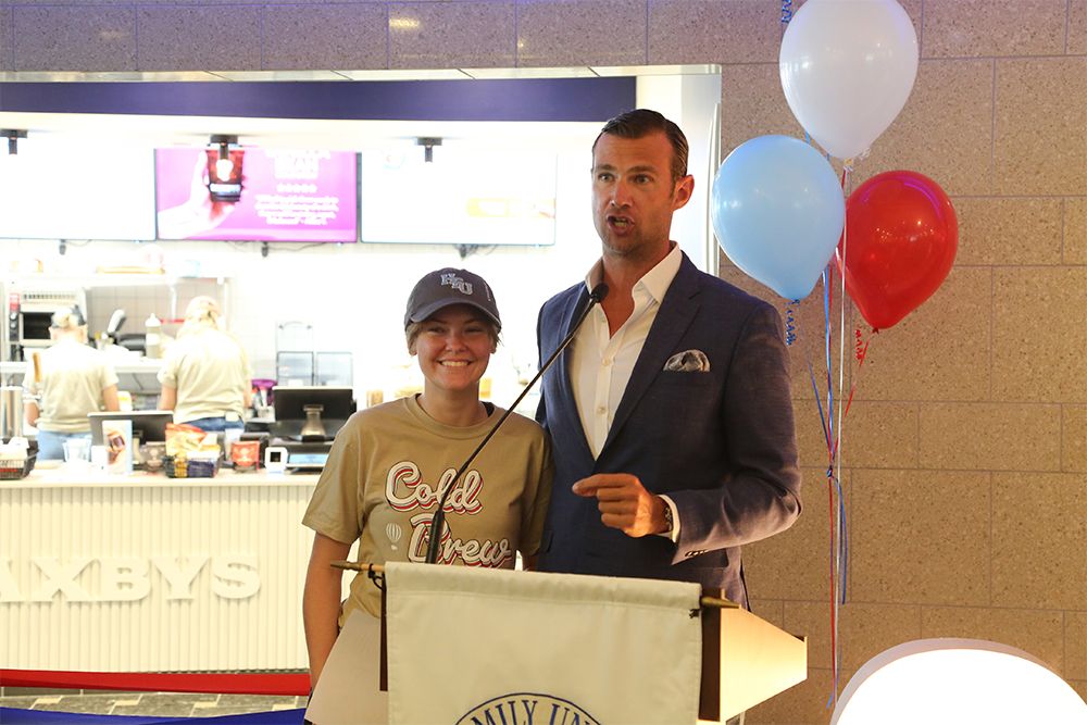 Student CEO Beth at Saxbys opening