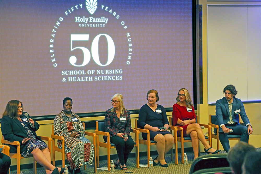 Holy Family nursing alumni sharing career advice during the 50th Anniversary panel discussion.