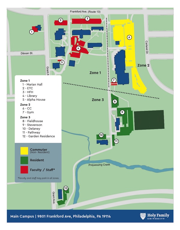 A diagram with the campus parking lots colored based on zone