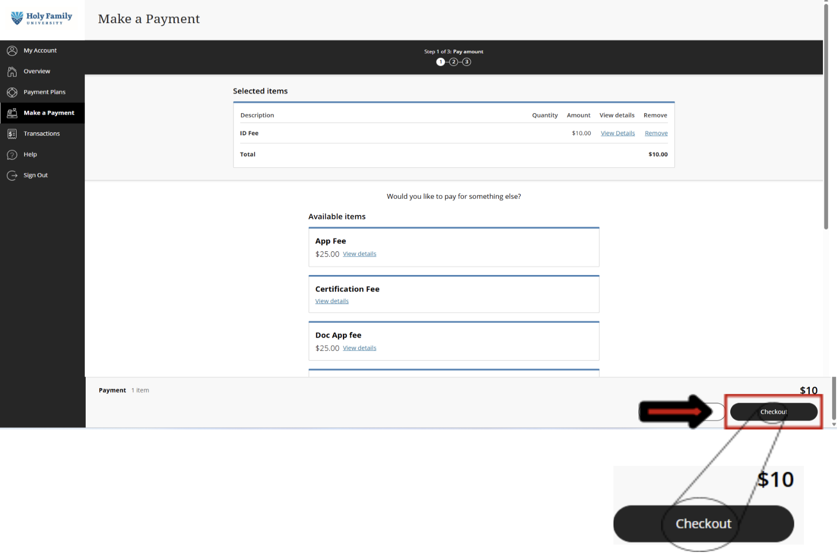 Checkout screen