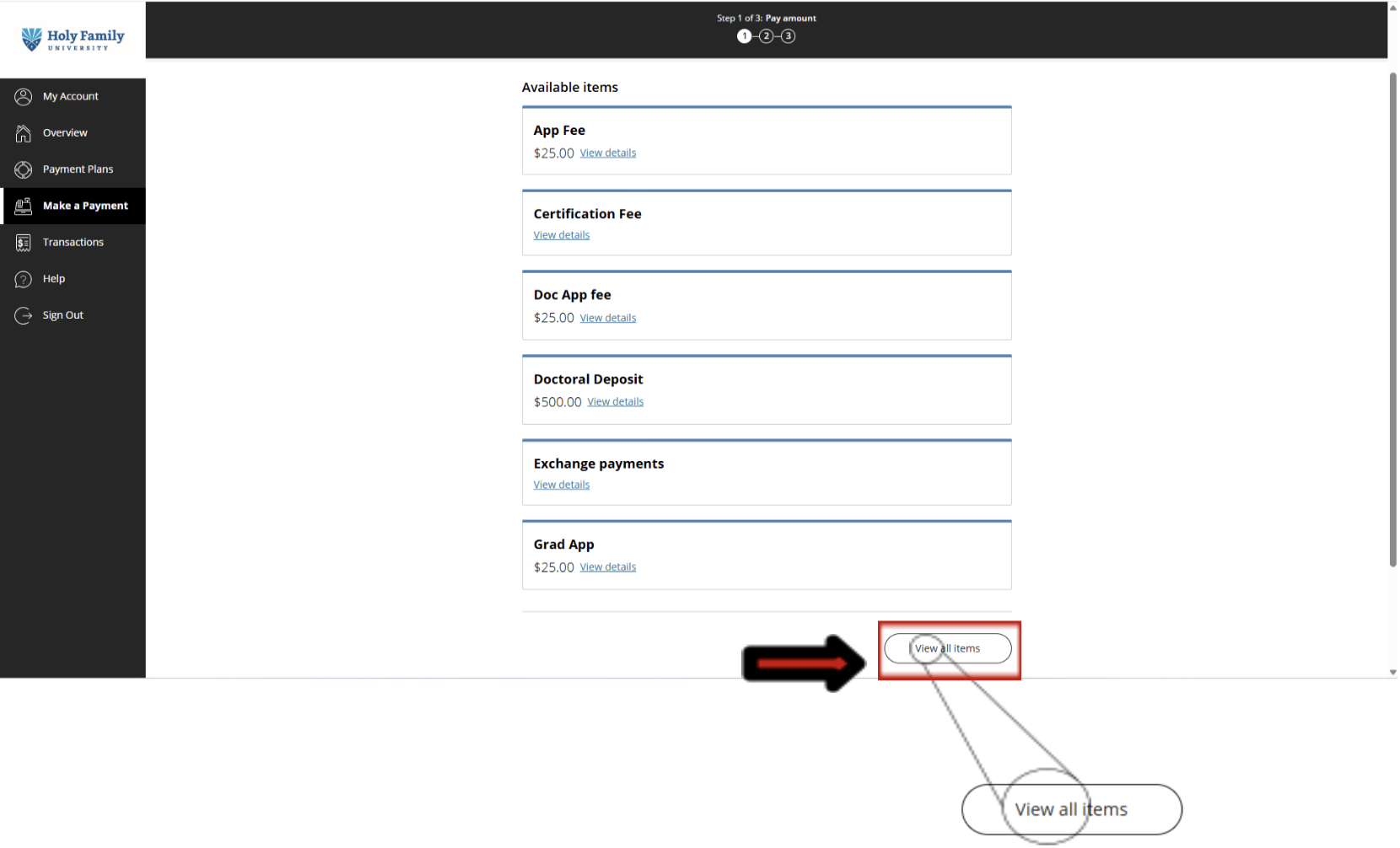 View all items button screen