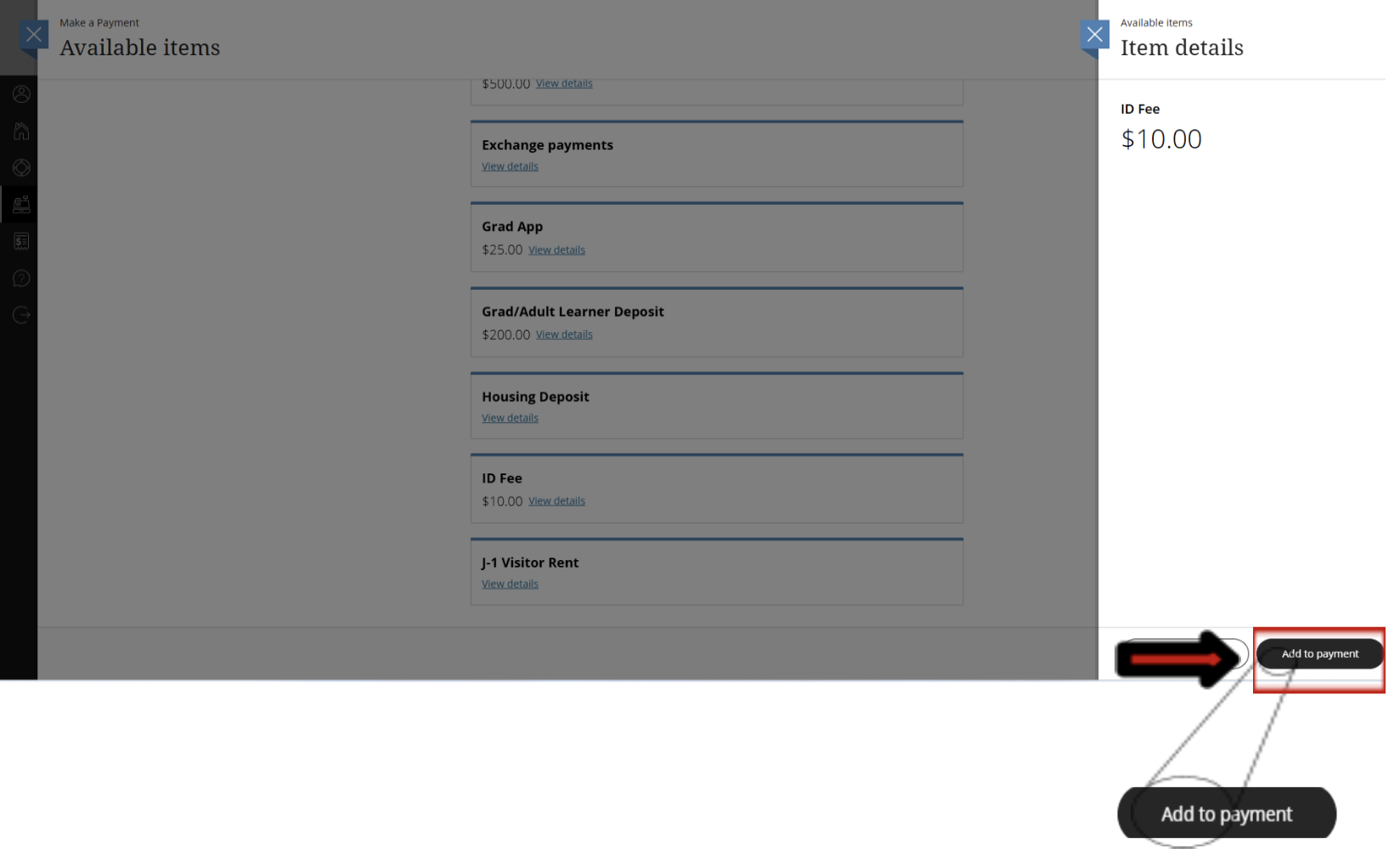 Add to payment screen