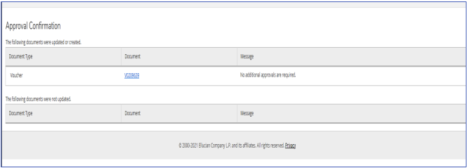 Voucher approval confirmation screen