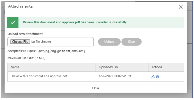 Attachments approved screen
