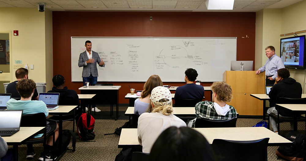 Saxbys Founder & CEO Nick Bayer speaking in class