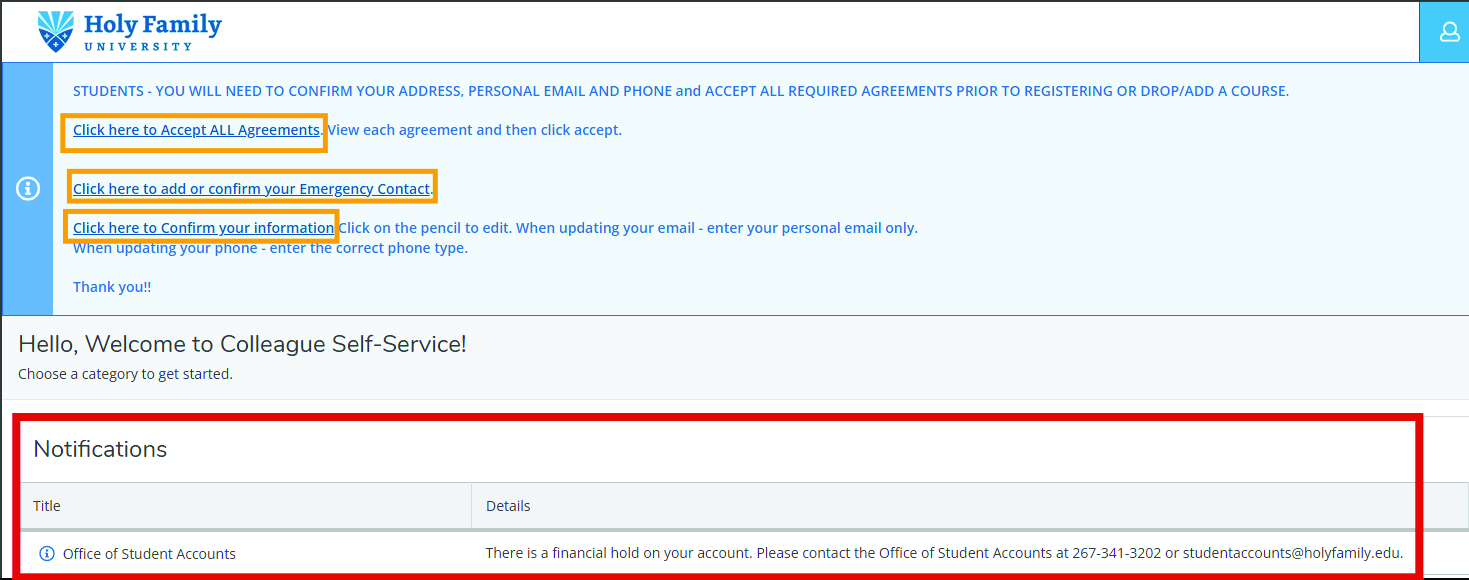 Self-Service landing page displaying required action links for agreements and emergency contact, with the Notifications section highlighted at the bottom.