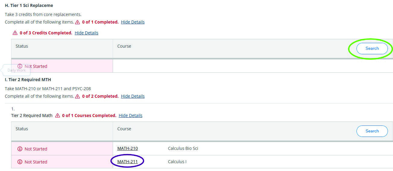 My Progress degree requirement list highlighting the Search button and MATH 211 course link.