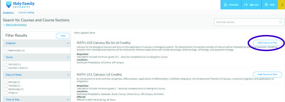 Search results page for MATH-210 with a highlight around the Add Course to Plan button.
