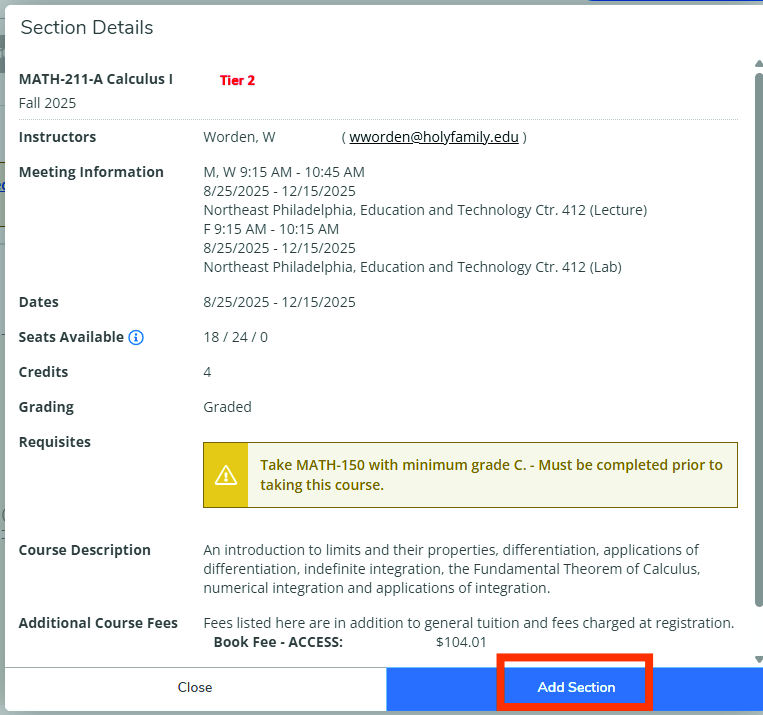 Section Details pop-up modal for MATH-211-A showing meeting times, location, and a highlighted Add Section button at the bottom.