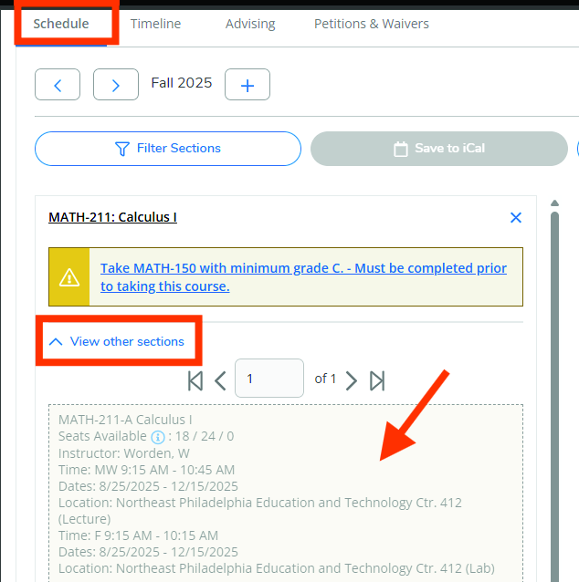 Schedule tab for MATH-211 Calculus I with the View other sections dropdown link highlighted.