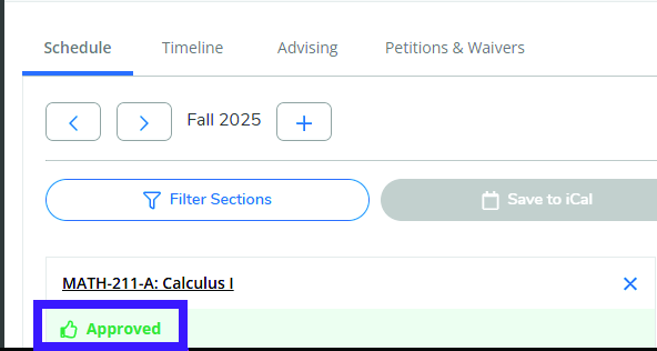 Course card for MATH-211-A displaying a green Approved status badge with a thumbs-up icon.