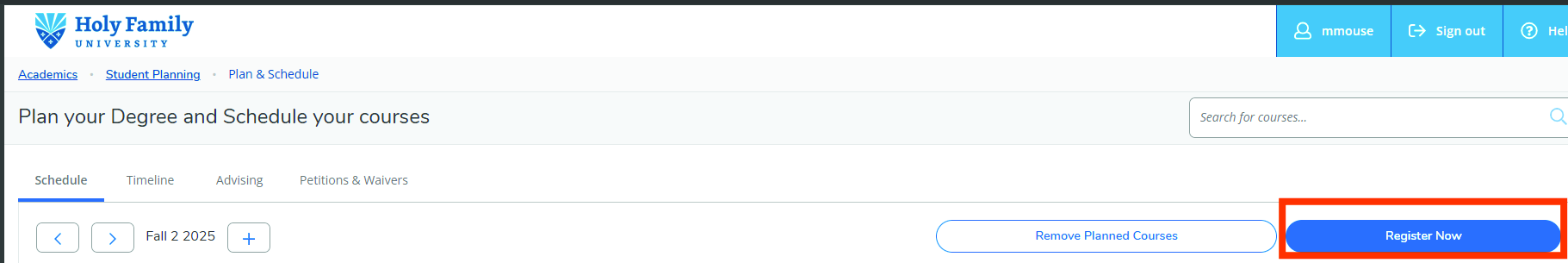 Plan your Degree page header displaying the Register Now button on the right side.