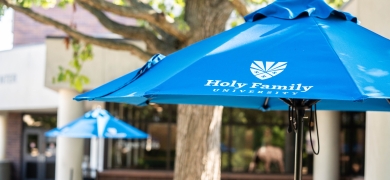 Holy Family University umbrellas at Campus Center