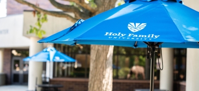 Holy Family University umbrellas at Campus Center