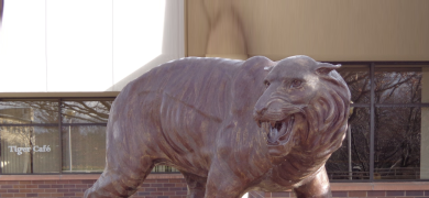 Tiger statue in front of the Campus Center