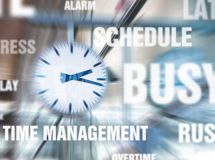 A busy graphic with a clock and words like "stress", "busy" and "rush" across it