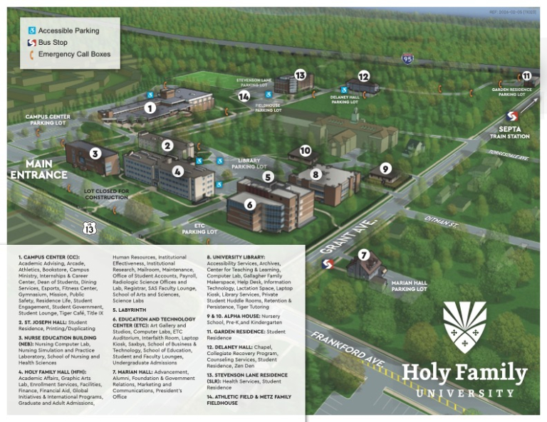 Philadelphia campus map with building key - updated 2026