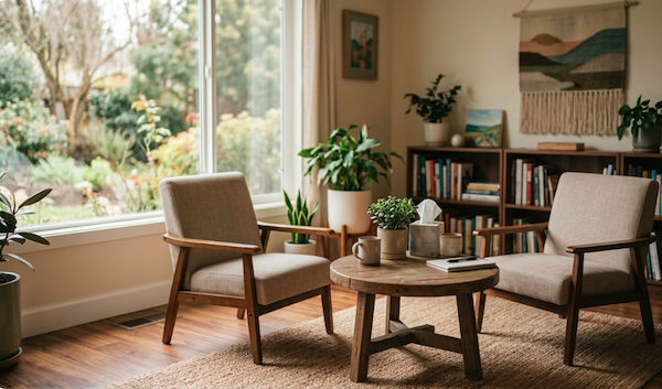 An empty counseling room with two chairs facing each other and a small table in between